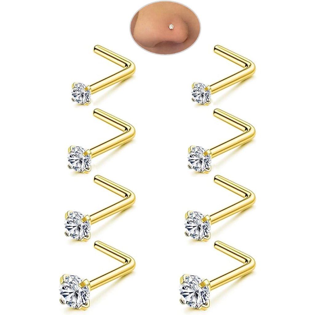 Luxury Nose Rings Set 8pcs  GoldSilver LShaped Surgical Stainless Steel